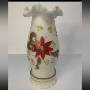 Fenton J Powell Hurricane Lamp Candle Holder Hand Painted Christmas Poinsettia.